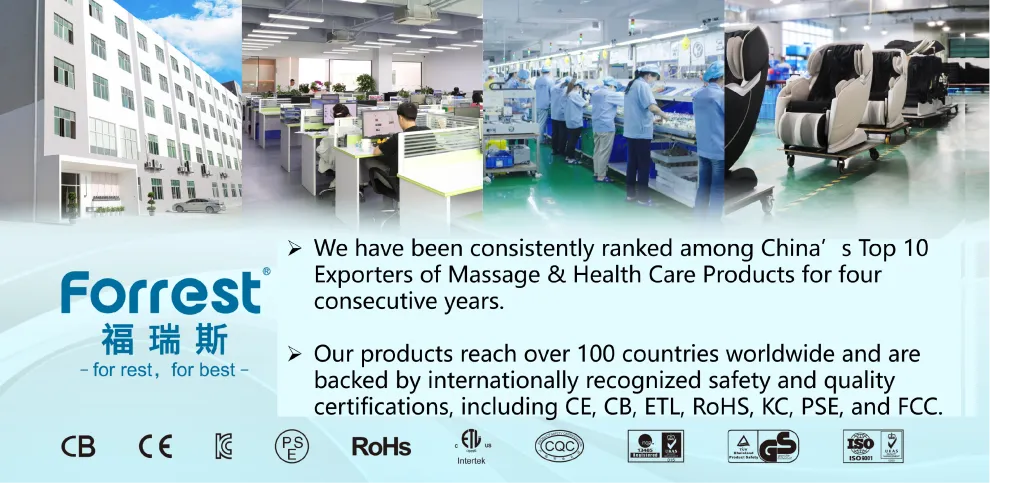 Forrest factory exterior, R&D office, production line, and finished massage chairs, accompanied by a list of international safety certifications.