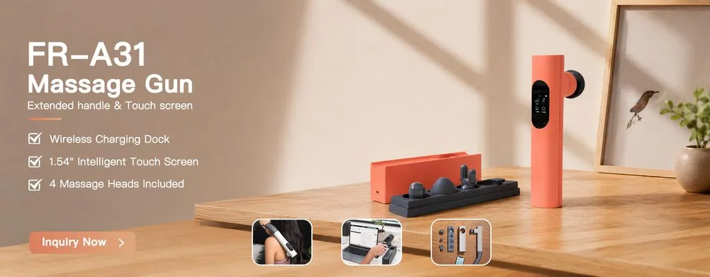 The FR-A31 Smart Fascia Gun: A premium design with a smart display and 4 massage heads, built for deep muscle relief.