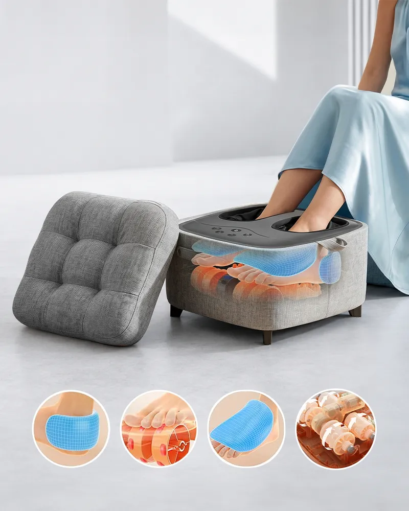 Gray foot massager ottoman with a removable cushion and illustrated kneading, air compression, and heat massage features.