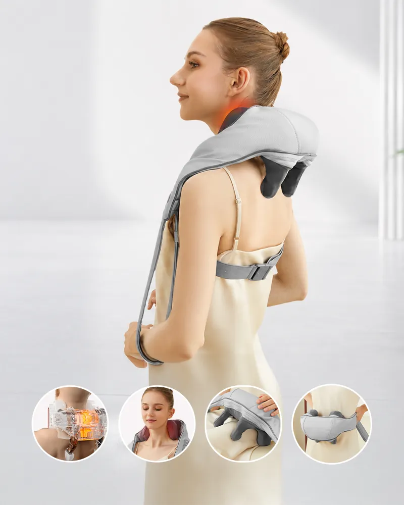 Woman using a gray neck and shoulder massager with close-up views of heating, kneading, and ergonomic massage features.