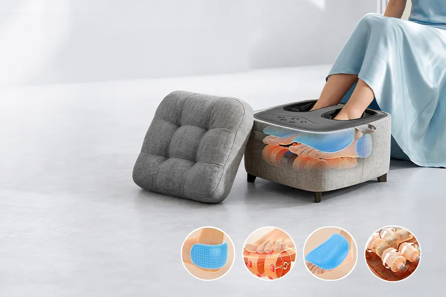 Gray foot massager ottoman with a removable cushion and illustrated kneading, air compression, and heat massage features.