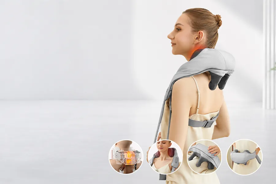 Woman using a gray neck and shoulder massager with close-up views of heating, kneading, and ergonomic massage features.